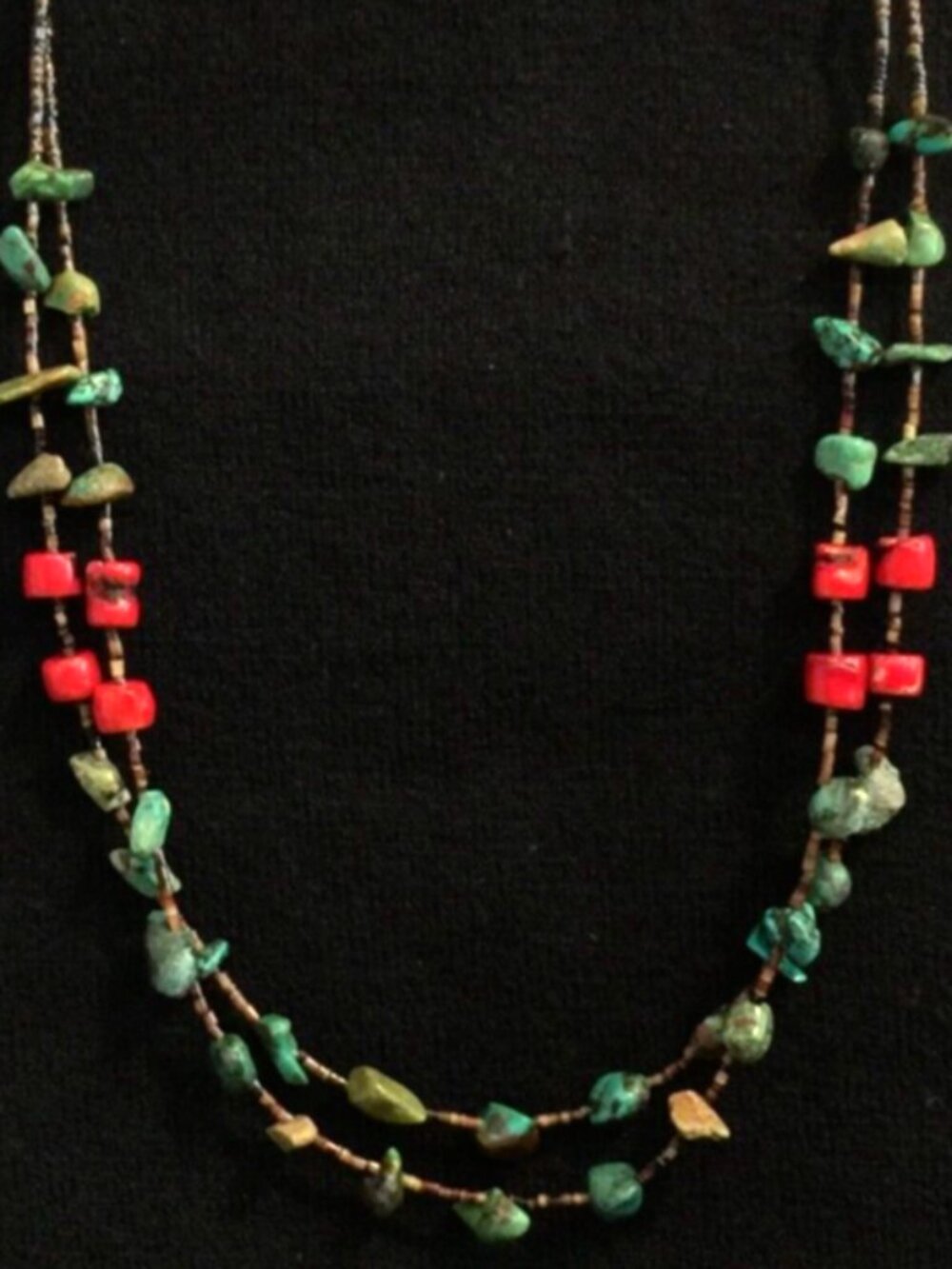NAVAJO CHARLENE LITTLE 2-STRAND NECKLACE RED CORAL TURQUOISE HEISHI BEAD VINTAGE